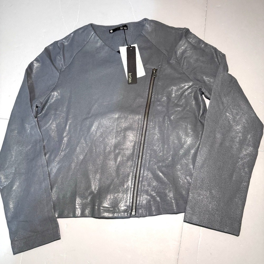 Krisa USA Womens L Large Faux Leather Dress Jacket Gray Waxed Cotton New